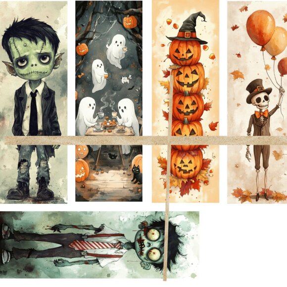 DIY Halloween Bookmarks Set A, Supply Scrapbook Junk Journal Card Making - Picture 1 of 2